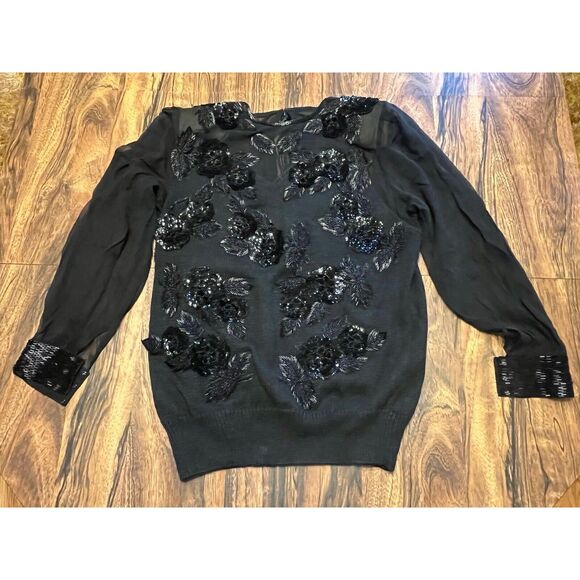 Vtg 80s Bonnie Boerer Top Sheer Sequined Sweater Beaded Tassel Retro Sz M - Picture 1 of 16